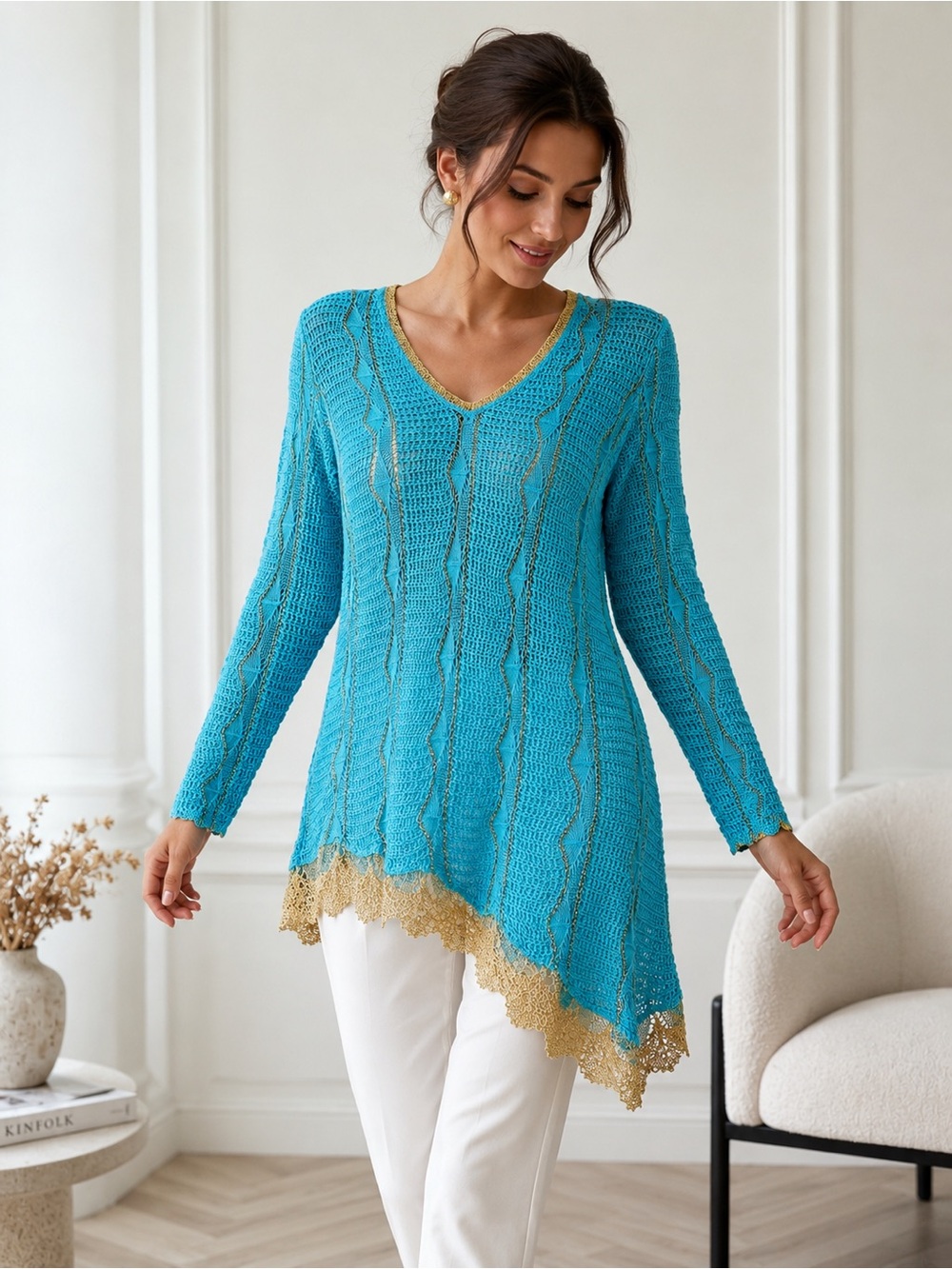 Alberto Makali Women’s XL Turquoise Crochet Knit Tunic Sweater